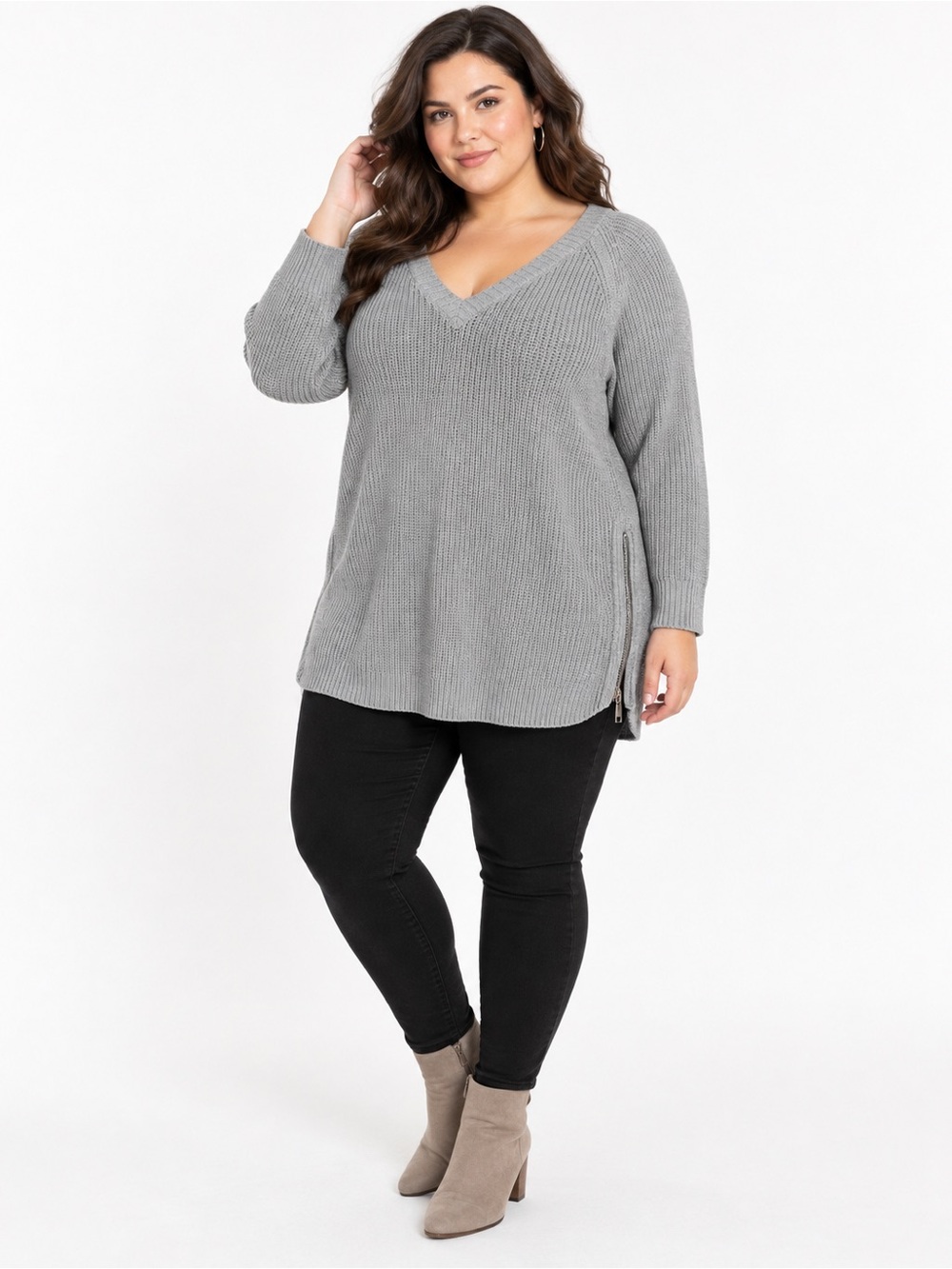 Torrid Gray V Neck Ribbed Knit Sweater Size 1 1X Side Zip Relaxed Tunic
